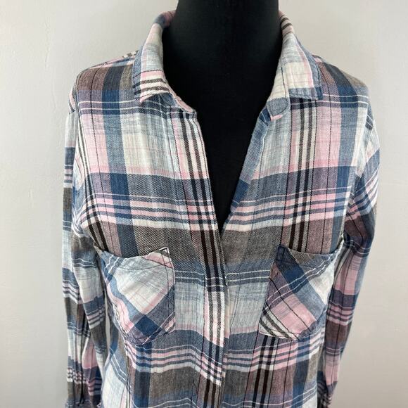 BELLA BAHL Blue/Pink Plaid Linen-Cotton Flannel Button-Up Shirt Top Cowgirl S - Picture 2 of 9